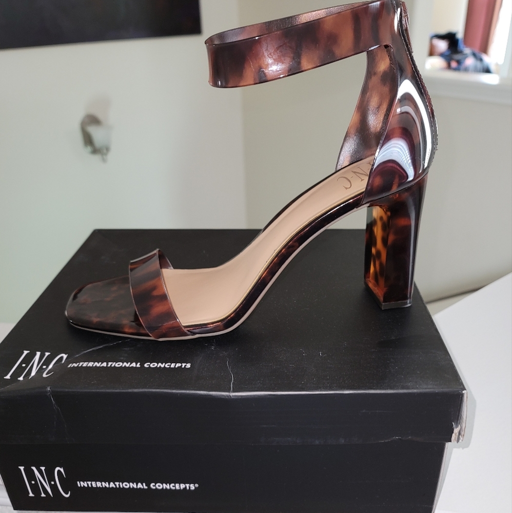 INC vinyl tortoise print ankle strap heel.